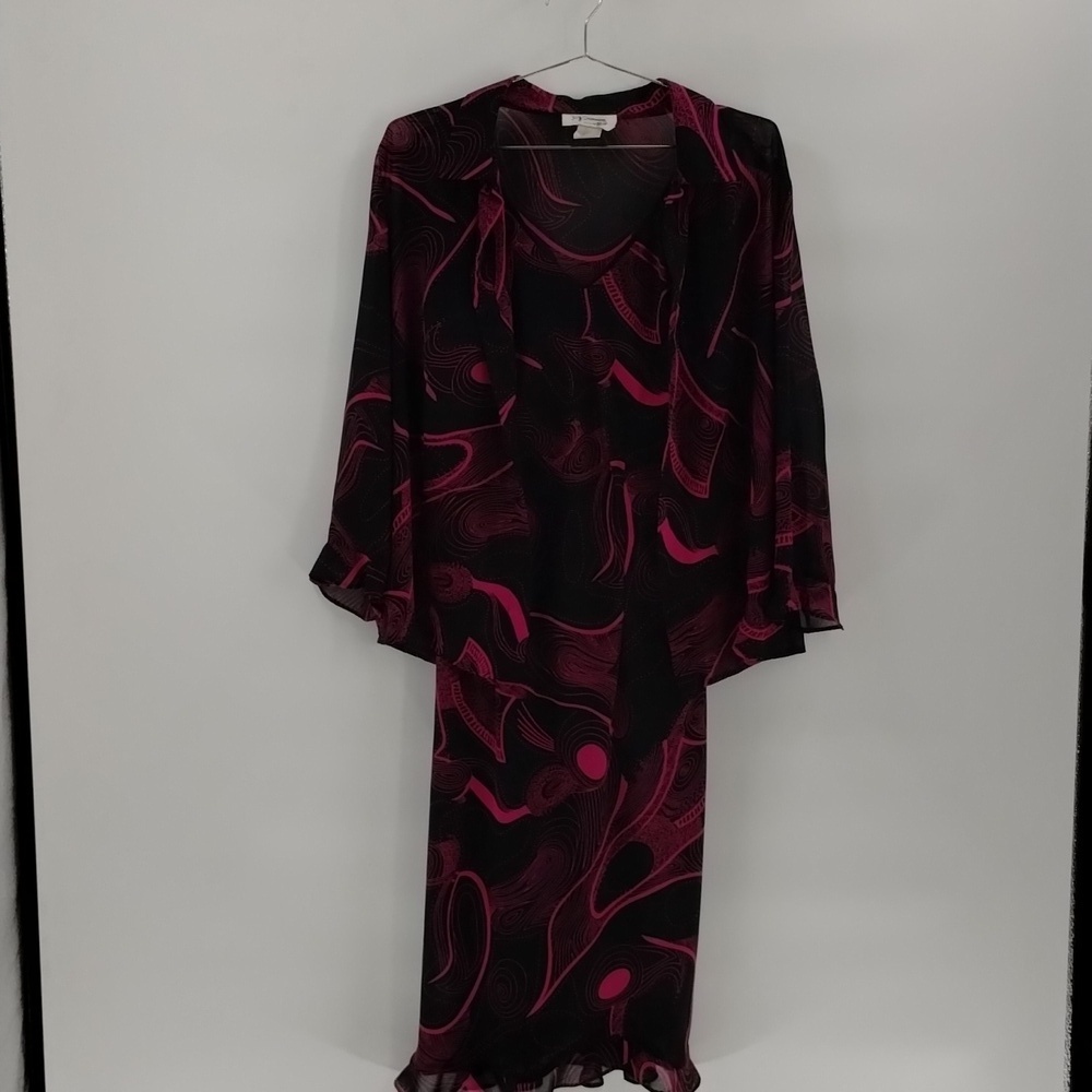 D.J. Summers 2 pc dress black with pink print size 14 vintage lined, see descrip